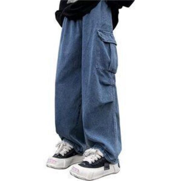 Pants - Unisex Baggy Cargo Pants Y2K Parachute Pants with Pockets, Blue